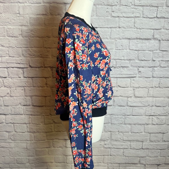 Express Women's M Navy Floral Zip Front Bomber Jacket Chic Retro Floralcore - Picture 2 of 6